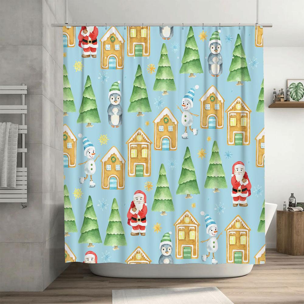 Christmas Shower Curtain with Festive Print Waterproof Fabric, Santa Claus Snowman Design for Bathroom Decorations in Multicolor