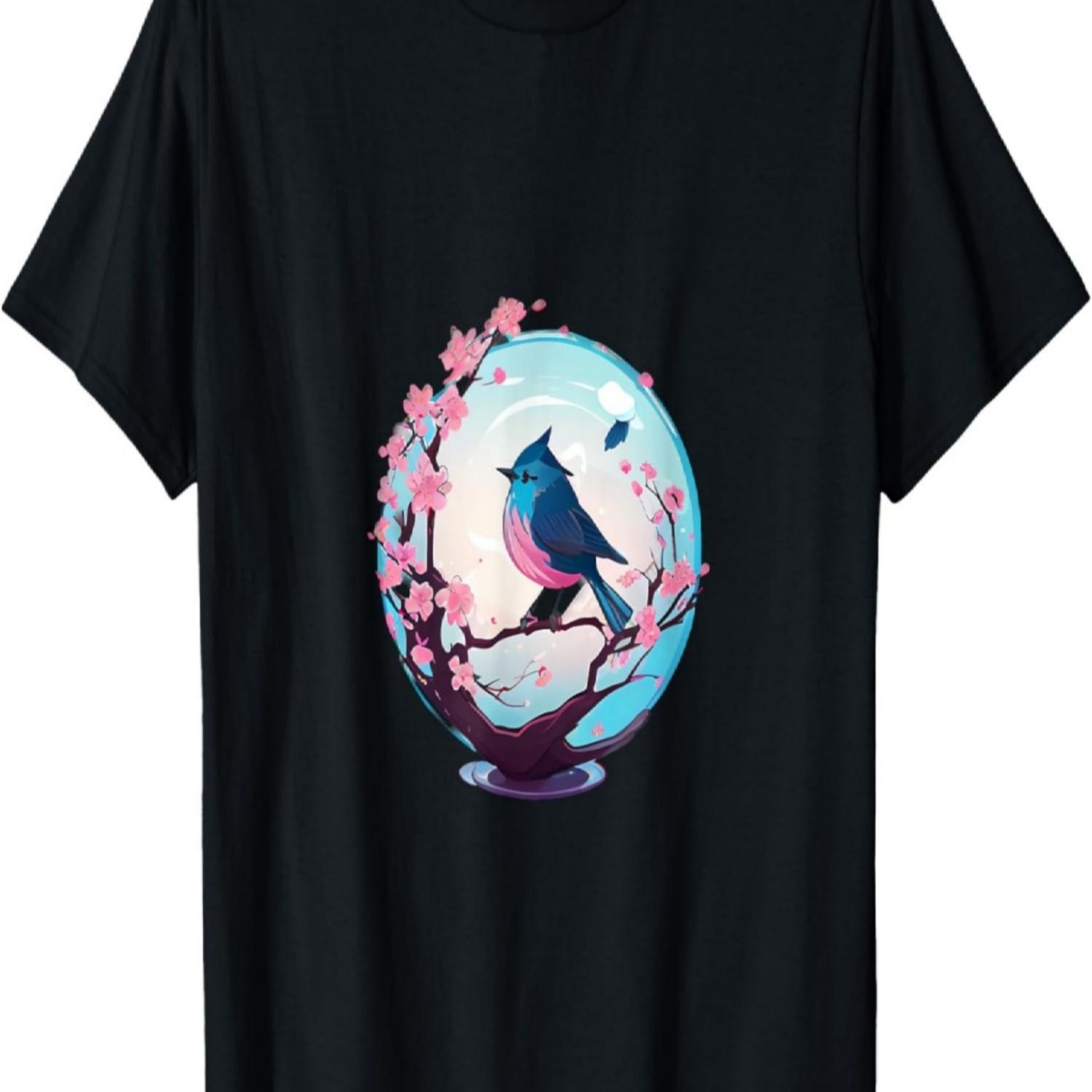 Stylish Glass Globe  Blue Bird and Cherry Blossom T-Shirt S чёрный