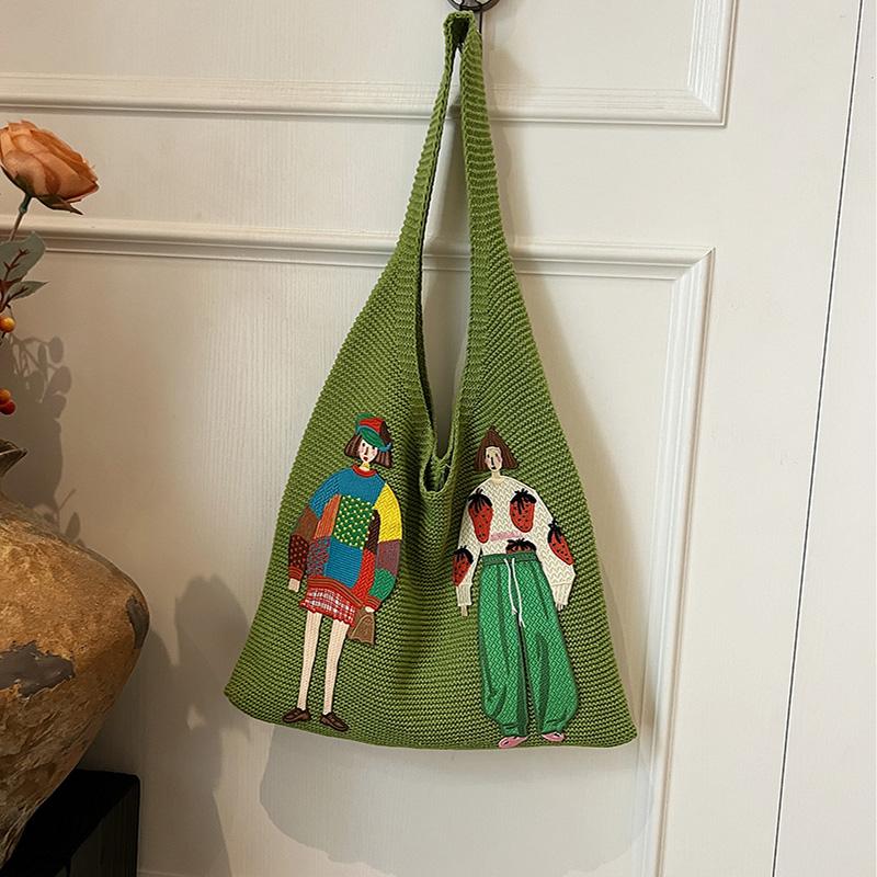 Cartoon Girl Pattern Knit Shoulder Bag,Hollow Mesh Lightweight Laid-Back Women Handbag,Summer Beach Vacation Chic Shopping Bag