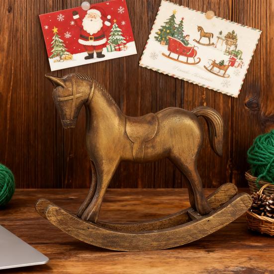 Wood Carving Rocking Horse Figurine Vintage Miniature Rocking Horse Statue Home Office Living Room Desktop Decoration Ornament
