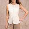 Women Crew Neck Sleeveless Waistcoat Vest Solid White Multi Button Slim Fit Office Blazer Top
