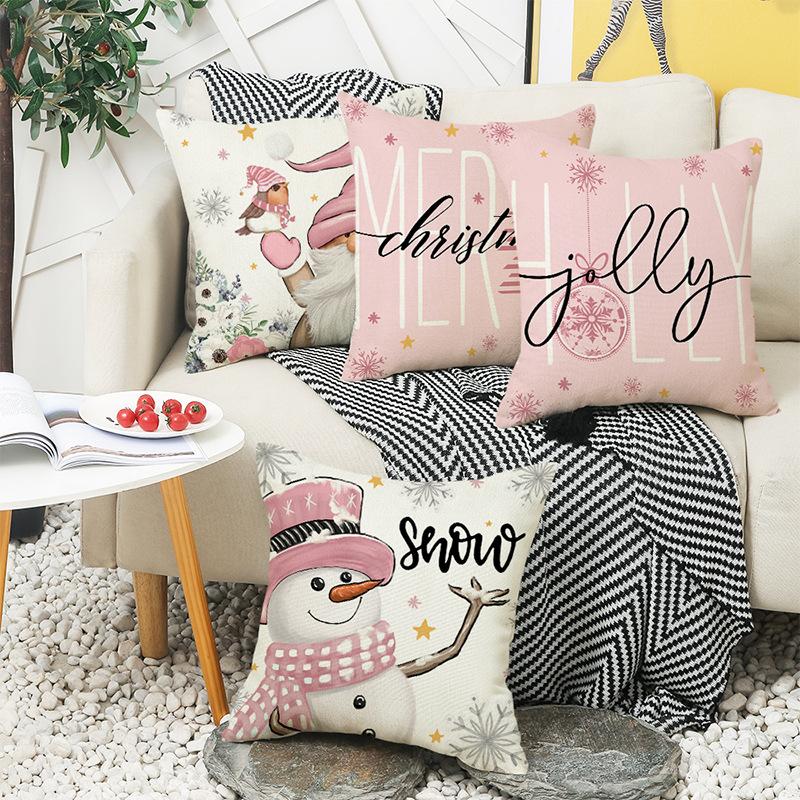 Winter Christmas Cushion Pillow Case Letter Print Pink Snowman Sofa Home Pillow