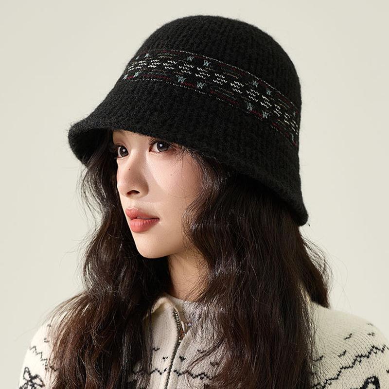 Vintage Color Jacquard Knitted Bucket Hat Women's Fisherman Hat