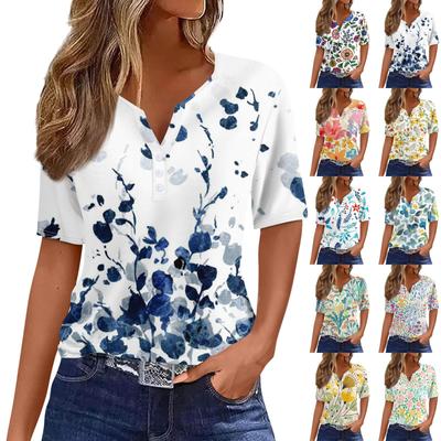 Women's T Shirt Tee Print Button Short Sleeve Daily Weekend Fashion Basic V- Neck Regular Top