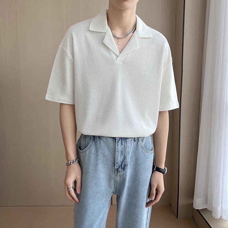 Men's Trendy Loose-Fit V-Neck Polo Shirt - Summer Style Korean Design