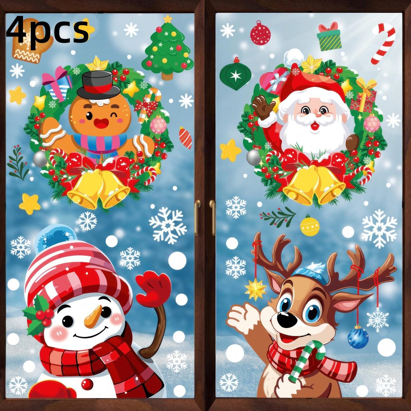 

Рождественские наклейки на окна Санта Снеговик Олень Стеклянные наклейки Украшение витрины Статические наклейки Праздничный декор 4-pcs