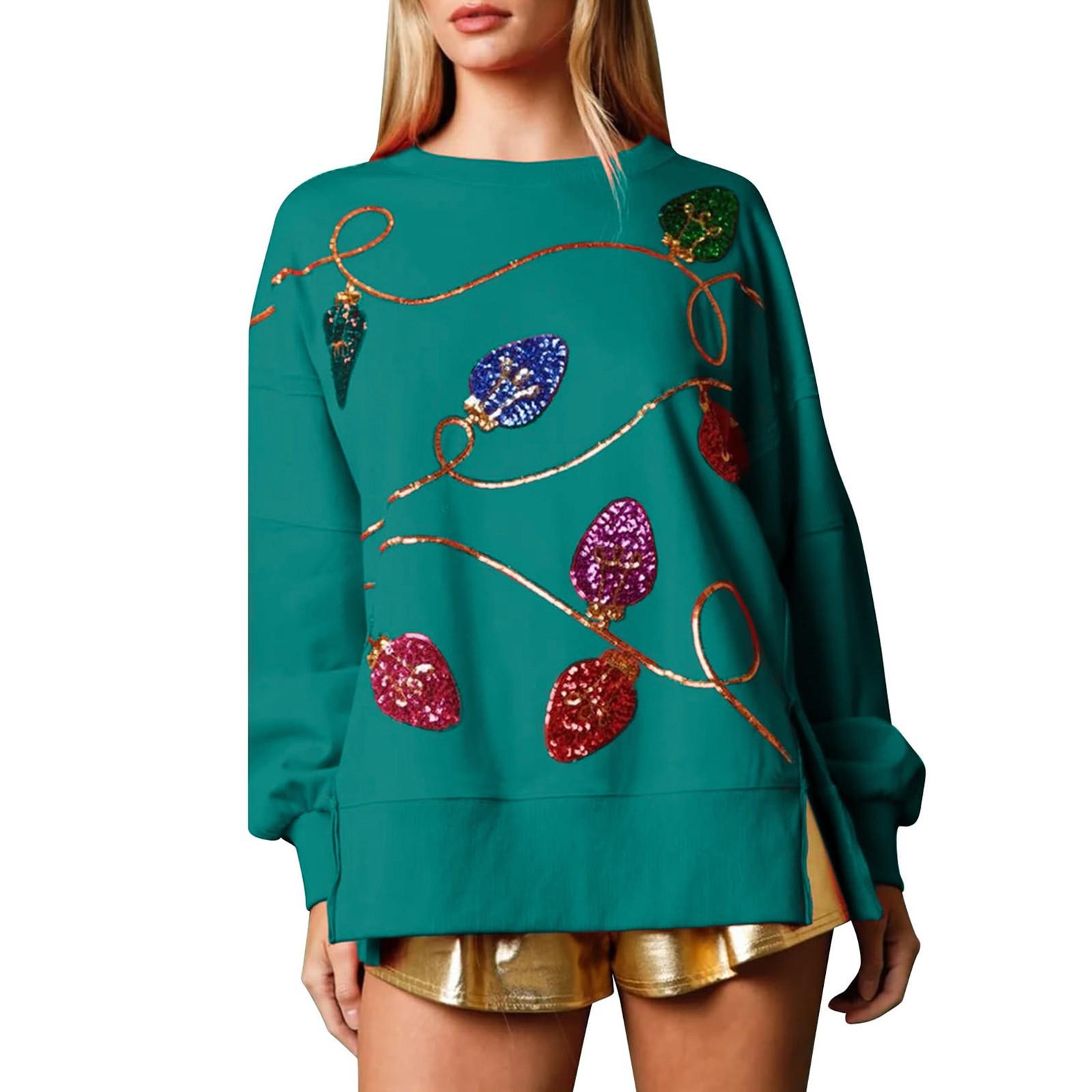 Женский рождественский пуловер с круглым вырезом расшитый пайетками с длинными рукавами и свободным капюшоном L зелёный 2639₽
