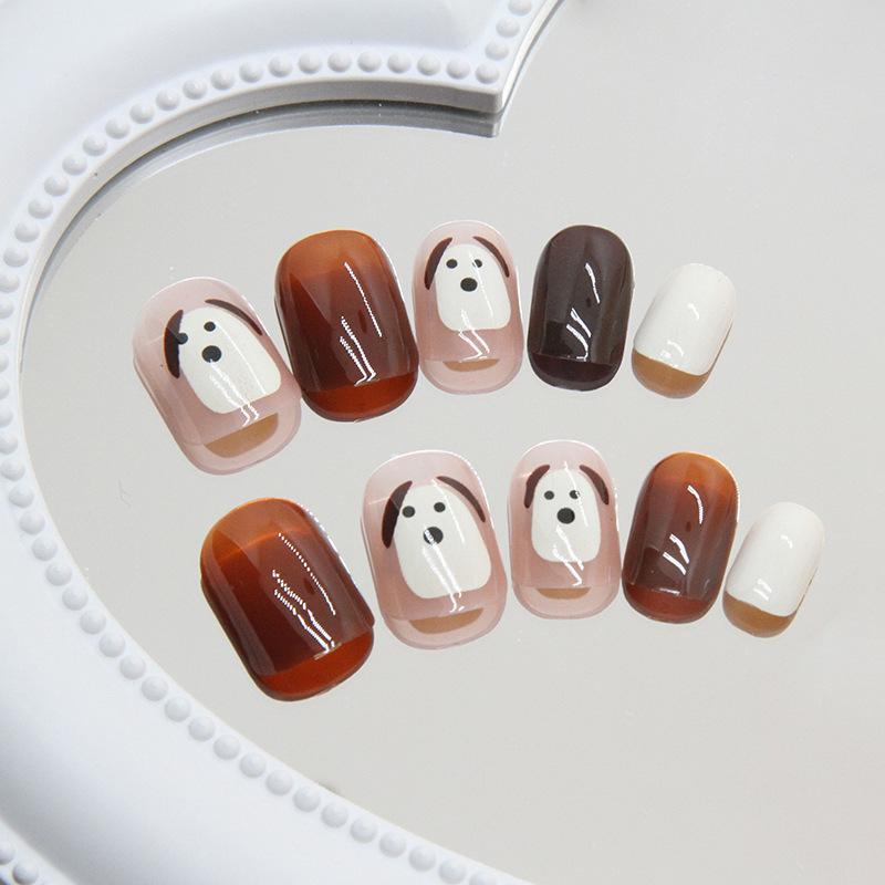 24 Stück Welpen trägt Nägel, abnehmbare Nagelstücke, Nagelstücke, Nagelpflaster, süße Nagelkunst, kurze, quadratische künstliche Nägel