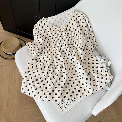 2025 New Product Super Good-looking Bubble Sleeves Casual Top Women's Retro Temperament Small Fragrant Wave Dot Short Sleeves