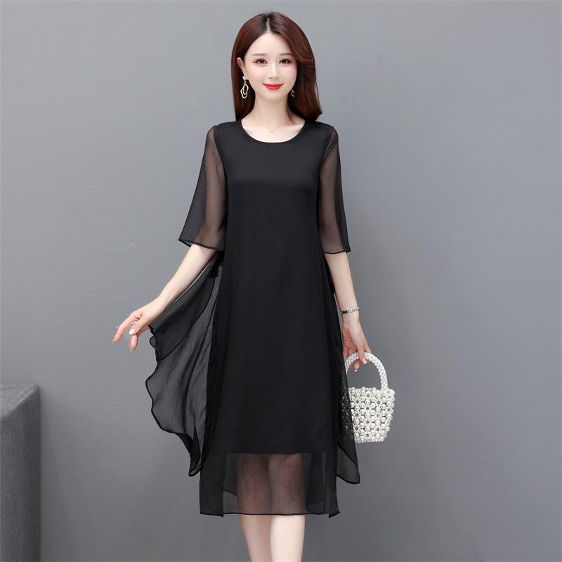 Women's Summer 2023 Silk Crepe A-line Dress: Mid-length, Solid Color, Loose Fit, Tummy-Covering, Fashionable and Elegant.