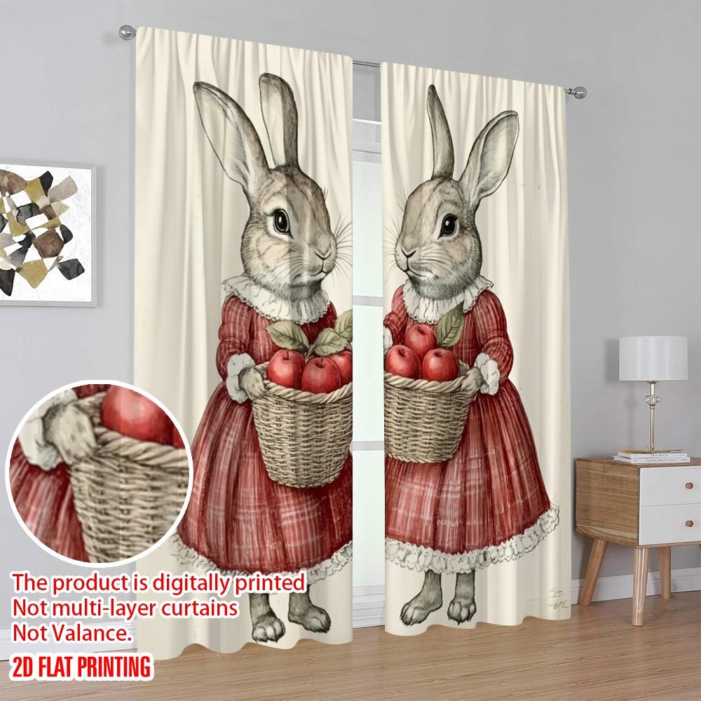 2pcs,2D plane printing Creative Curtains Twin Apple Bunnies Polyester Woven (without rod) Decorations For Home Perfect for