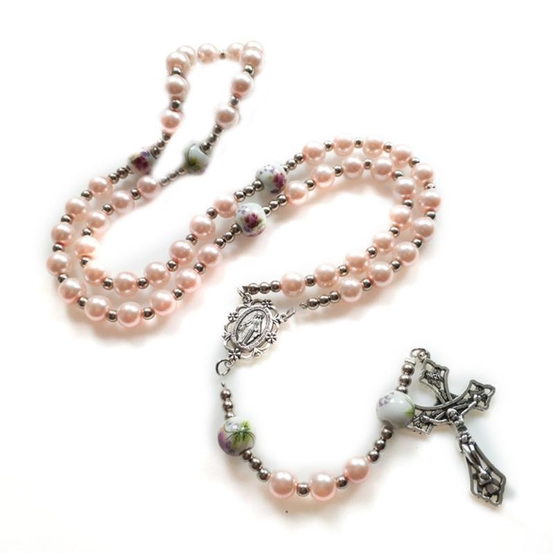 Round Glass Beads Rosary Necklace Mary Jesus Crucifix Pendant Religious Necklaces for Men Women Jewelry Charm Gift
