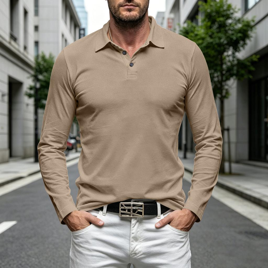 Men's Casual Loose Fit Long Sleeve Polo Shirt Button Collar Soft Fabric Comfortable Everyday Wear