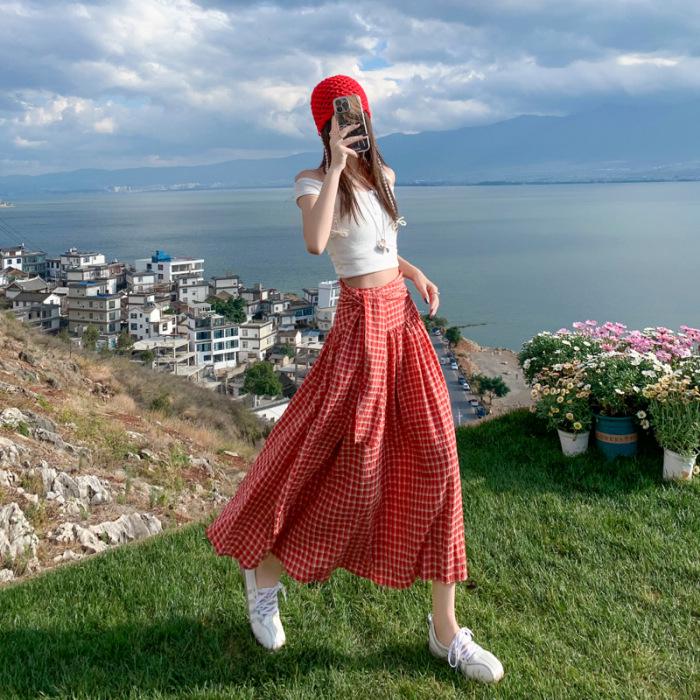 Американская модная дерзкая девушка: Универсальная длинная плиссированная юбка в клетку + Клетчатый топ-бюстье без бретелей Large