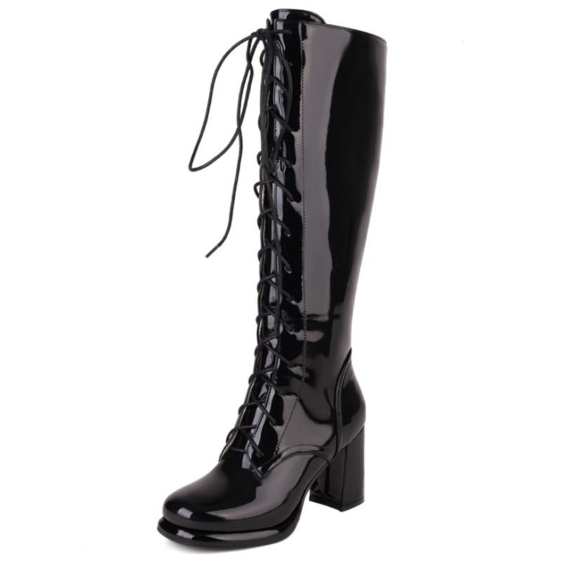 Women's Knee High Boots Lace-up Block Heels Party Winter Shoes Ladies Footwear Large Size 44 Black White Red Long Party Boot