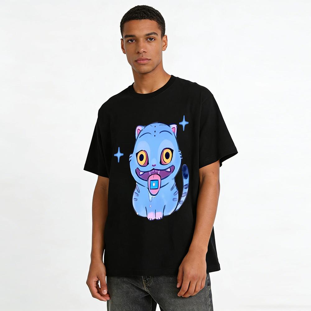 Funny Tongue-Out Blue Cat Print Casual Top Unisex Fun Cartoon Pattern Loose Breathable Daily T-Shirt Pure Cotton T-shirt