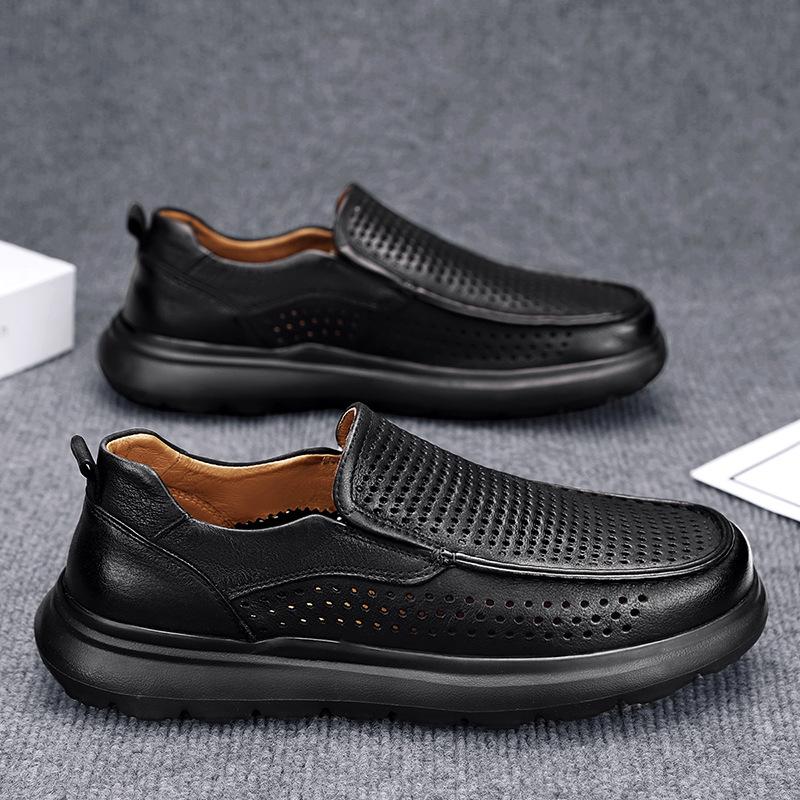 Summer Punched, Breathable and Non-smelly Feet Casual Leather Shoes Plain Black Leather Sandals