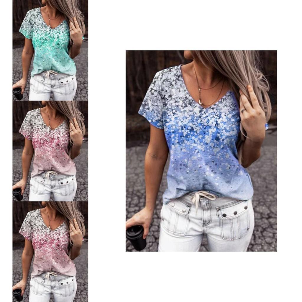 Elegant Womens V-neck Short Sleeve Floral Print Tops T-shirt For Casual Wear
