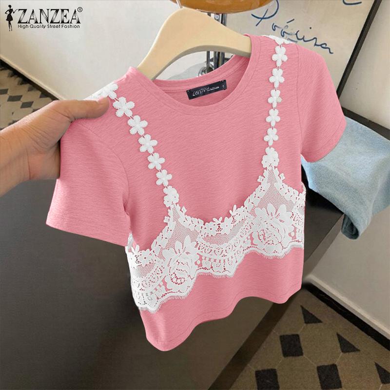ZANZEA Women Summer Round Neck Lace Patchwork Casual Short Sleeve T-shirt