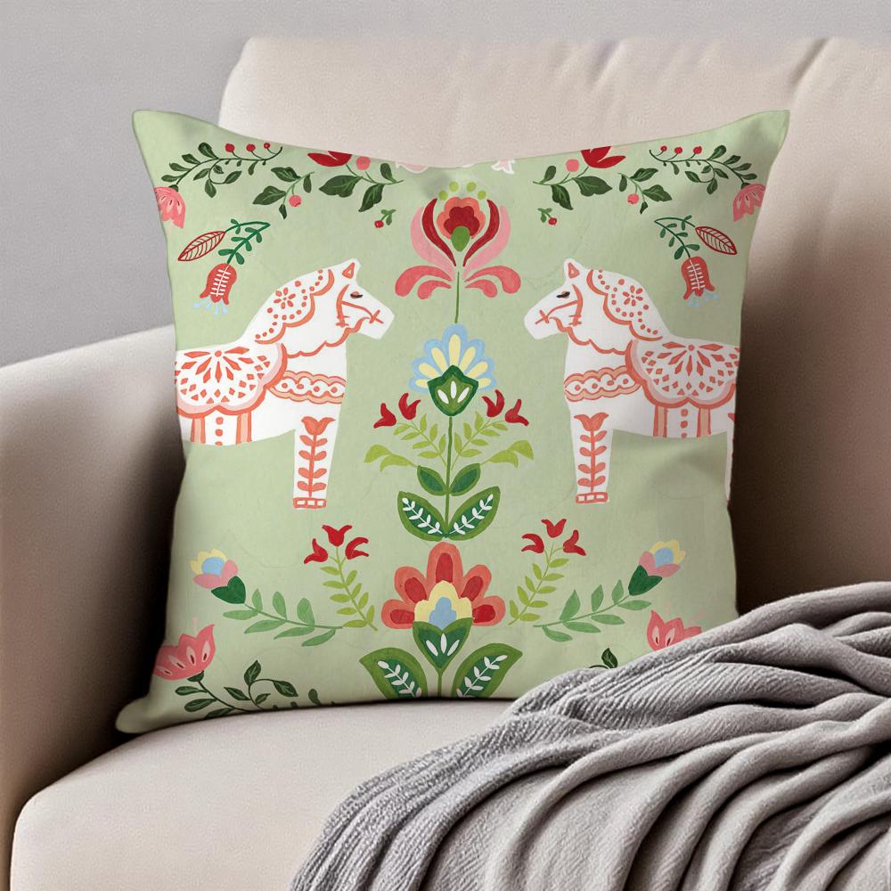 Cute Print Art DDala Horse Cushion Cover Pillowcase Antidustmite Invisible Zipper Short Plush Sofa Cushion