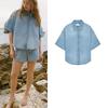 Summer New Product Women's Clothes French Style Single Row Multi-Buckle Lapel Basic T-shirt Shory Style Denim Shirt 0250061