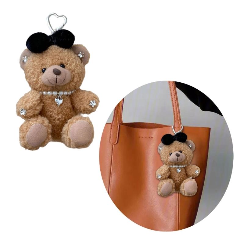 Soft Plush Bear Hanging Ornament Fashionable Soft Bear Keychain with Bowknot Plush Key Accessory for Stylish Bags
