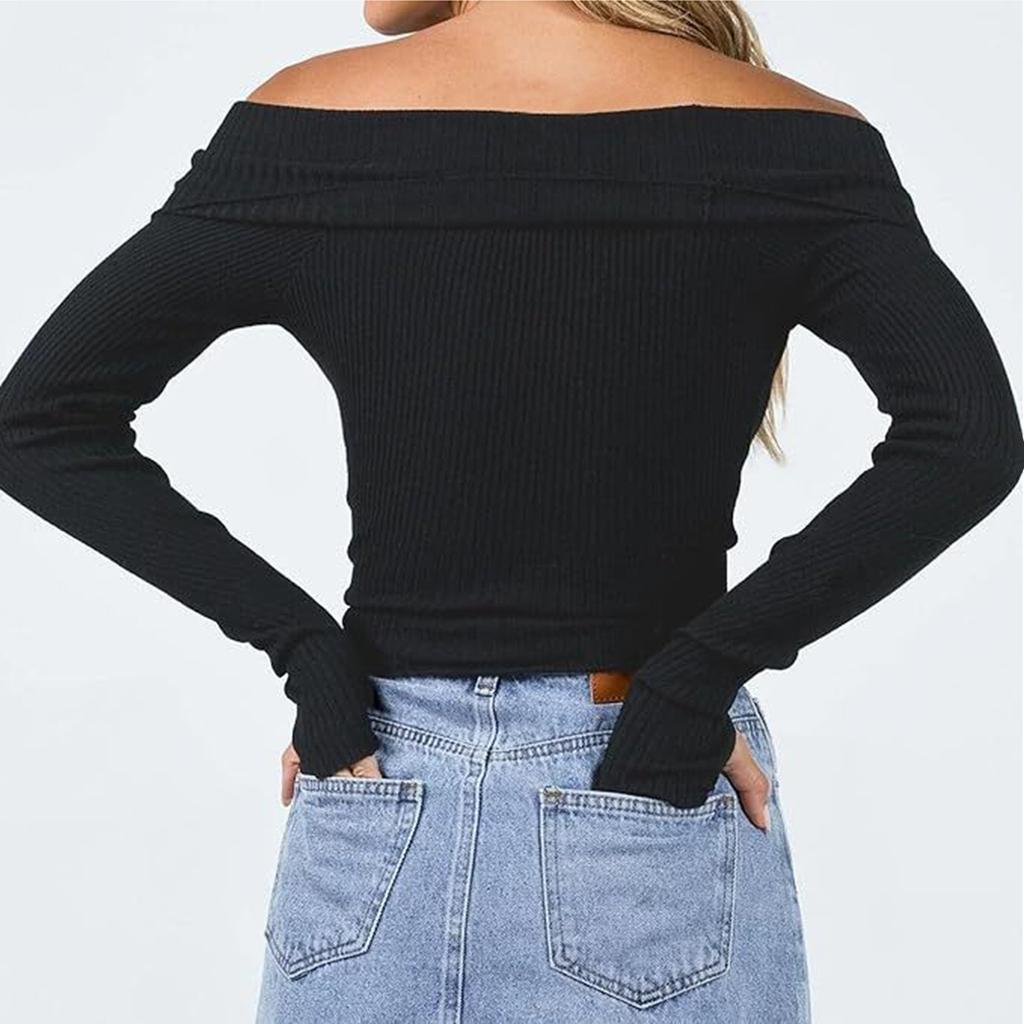 Women Off Shoulder Long Sleeve Ribbed Knitwear Slim Fit Pullover Blouse Tops Casual Fall Crop Tee Tops