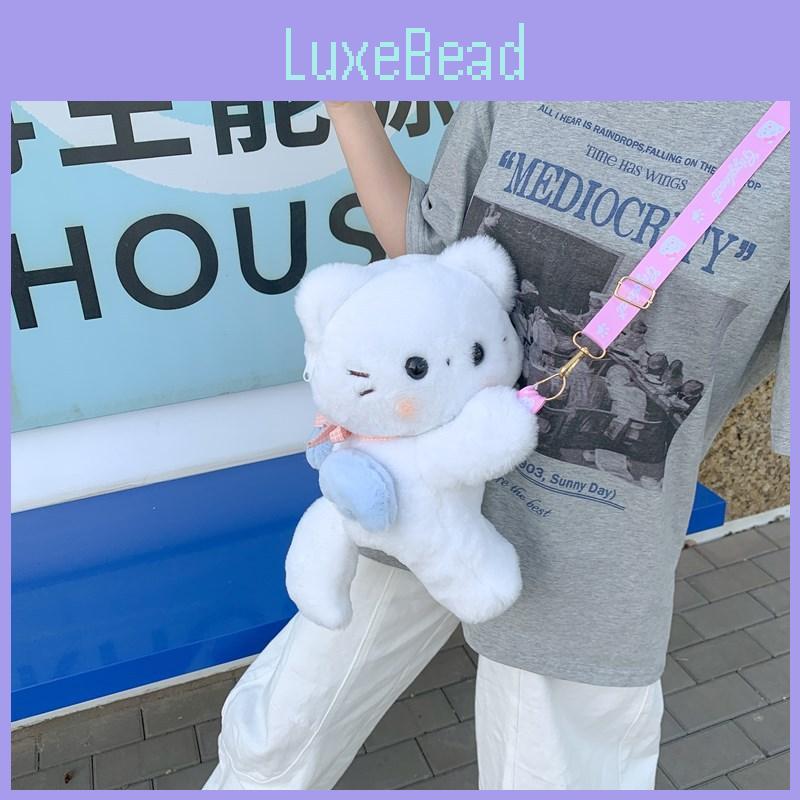 Cute Scarf White Cat Plush Doll Cartoon Shoulder Bag With Detachable Strap For Daily Use