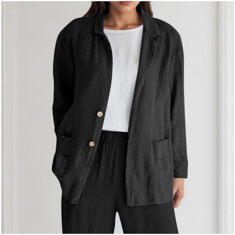 Casual Loose Long Sleeved Jacket Women Solid Color Button Pocket Fashionable