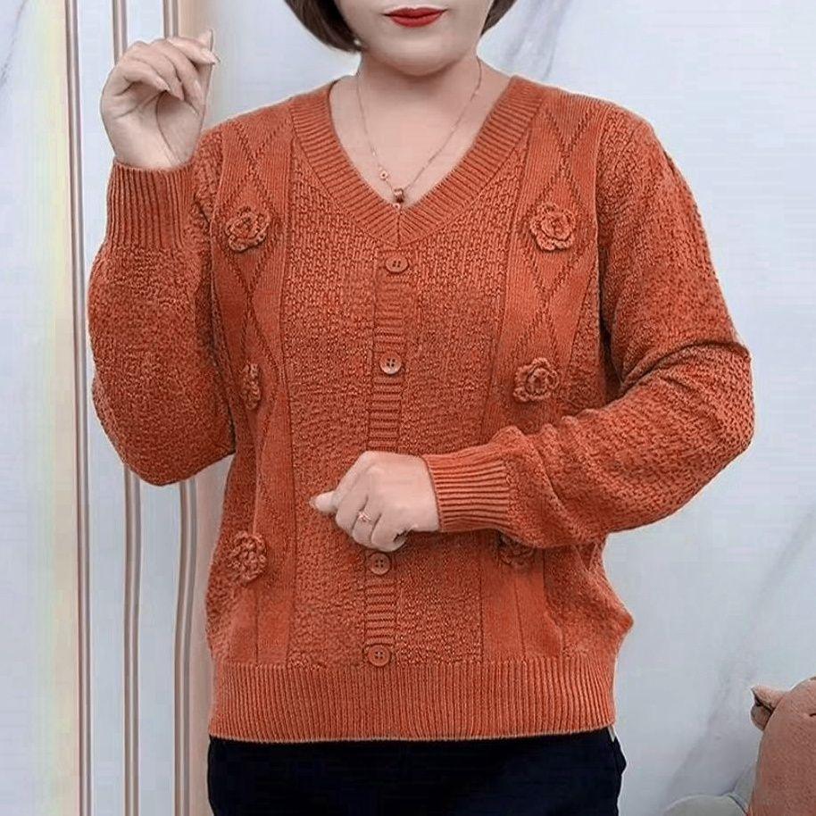 

Women s V-Neck Knit Sweater Autumn/Winter Loose Fit 3D Flower Knitted Pullover Sweater 4XL помаранчевий