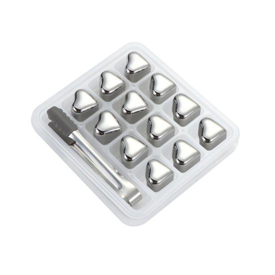 Heart-Shaped Whiskey Stones Reusable 304 Stainless Steel Non-Diluting Drink Chillers for Wine Cocktails with Tongs Dishwasher Safe Cooling Blocks