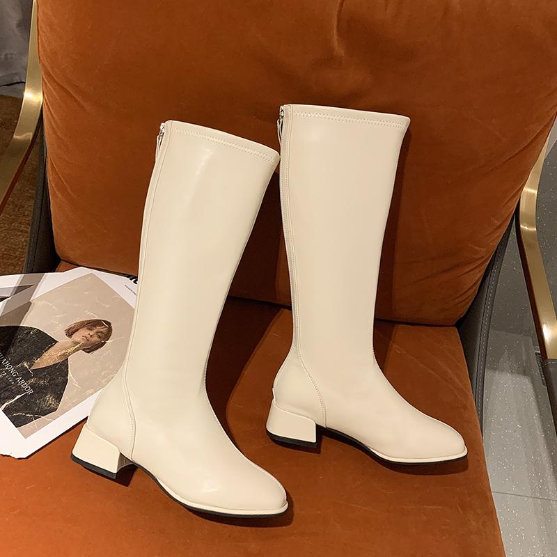 Women Black High Heel Long Boots Fashion Spring Autumn Warm Knee High Boots Soft Leather Thigh High Boots Shoes Zipper
