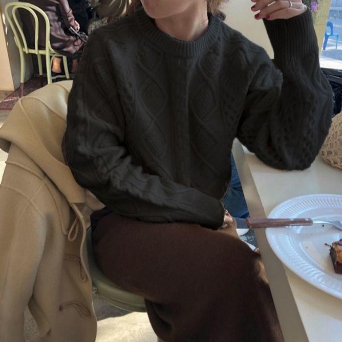 Пуловер-свитер женский, осень-зима 2023, с круглым вырезом, ленивый ветер, свободной вязки, универсальные женские завитки с жареным тестом One Size чёрный