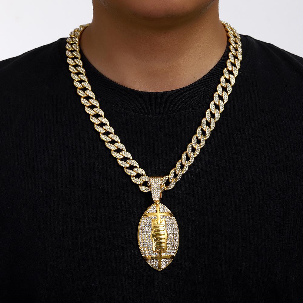 Europe and America New Full Diamond Rugby Alloy Pendant Hip Hop Cuban Chain Tennis Chain Fried Dough Twists Chain Men's Necklace