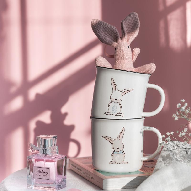 380ml Ceramic Rabbit Mug Farmhouse Grey Bunny Mug Porcelain Water Milk Cup Breakfast Juice Cup Microwave Safe
