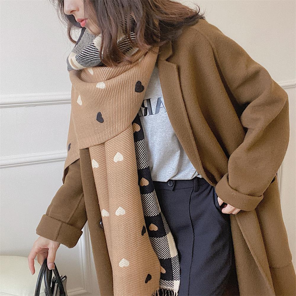Fleece-Like Cashmere Scarf Women's Winter Heart Plaid Thickened Fringed Korean Style Fashion Versatile Shawl Neck Warmer