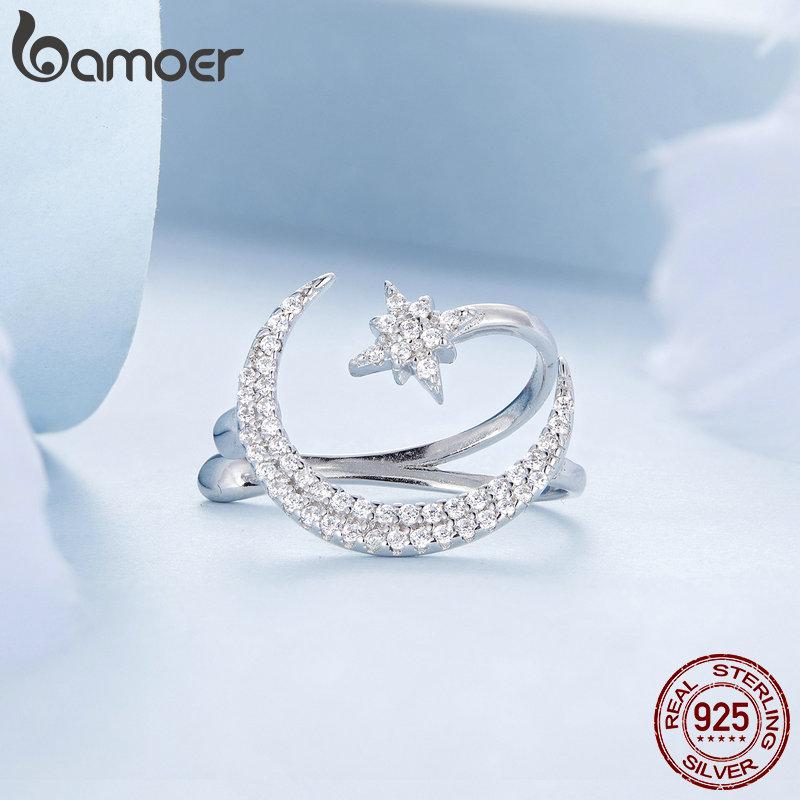 BAMOER 1PC 925 Sterling Silber Stern und Mond Ohr Manschette Pave Fassung CZ Glänzende Ohrclip für Frauen Geburtstagsgeschenk Feiner Schmuck