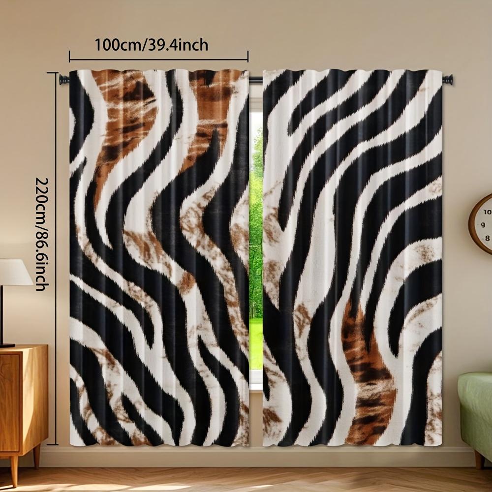 2pcs Tiger Light Filtering Curtains - Semi-Sheer Window Drapes with Rod Pocket   Black & White Animal Print Window Treatments for