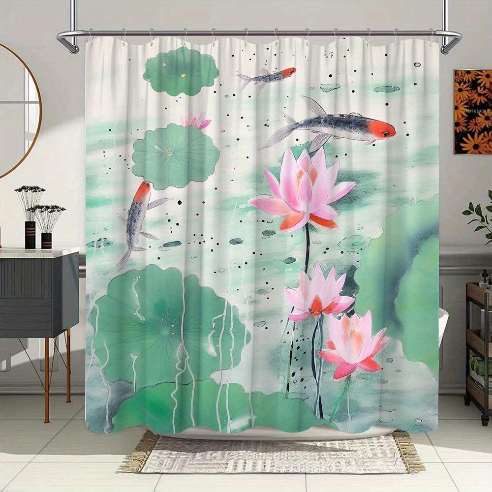 1pc Koi Pond Shower Curtain - Serene Japanese Minimalist Digital Art with Orange Koi Fish, Pink Water Lilies & Green for Lotus