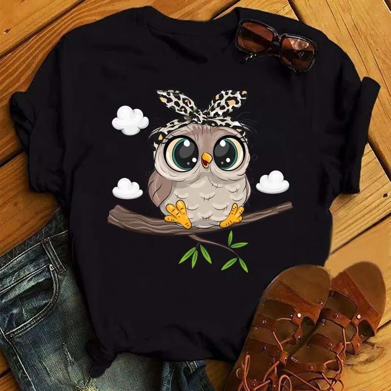 

Cartoon owl print T-shirt women s kawaii pattern shirt casual short sleeve black women s T-shirt S