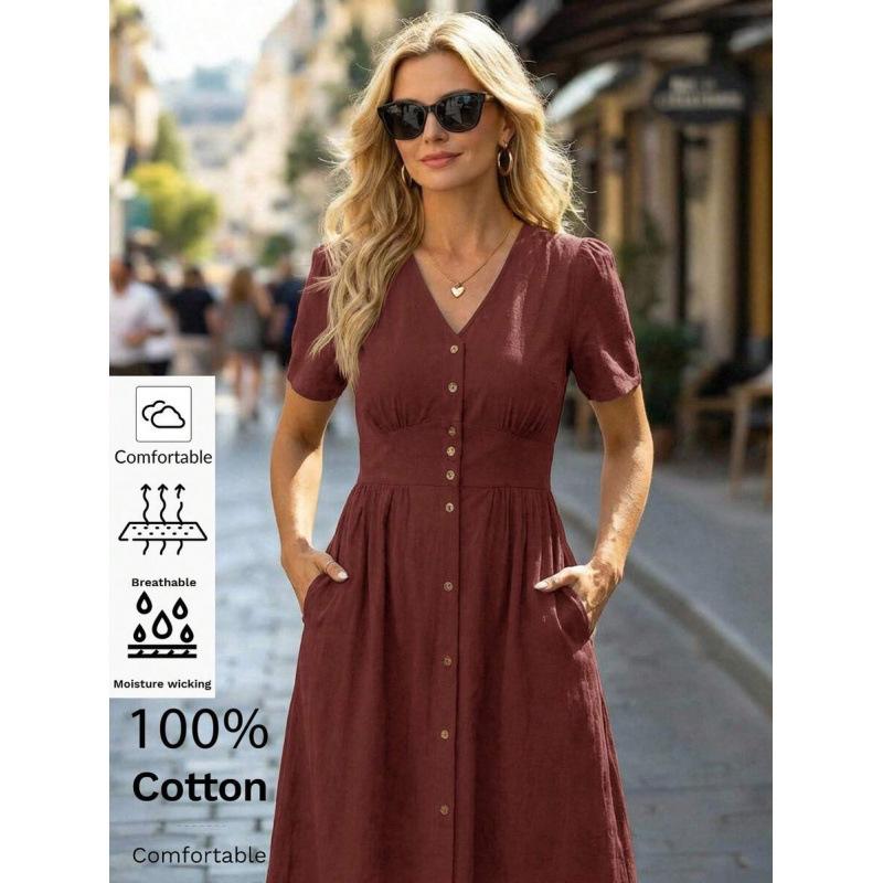 Europe, America 2026 summer new temperament elegant V-neck single-breasted casual medium-length dress women S
