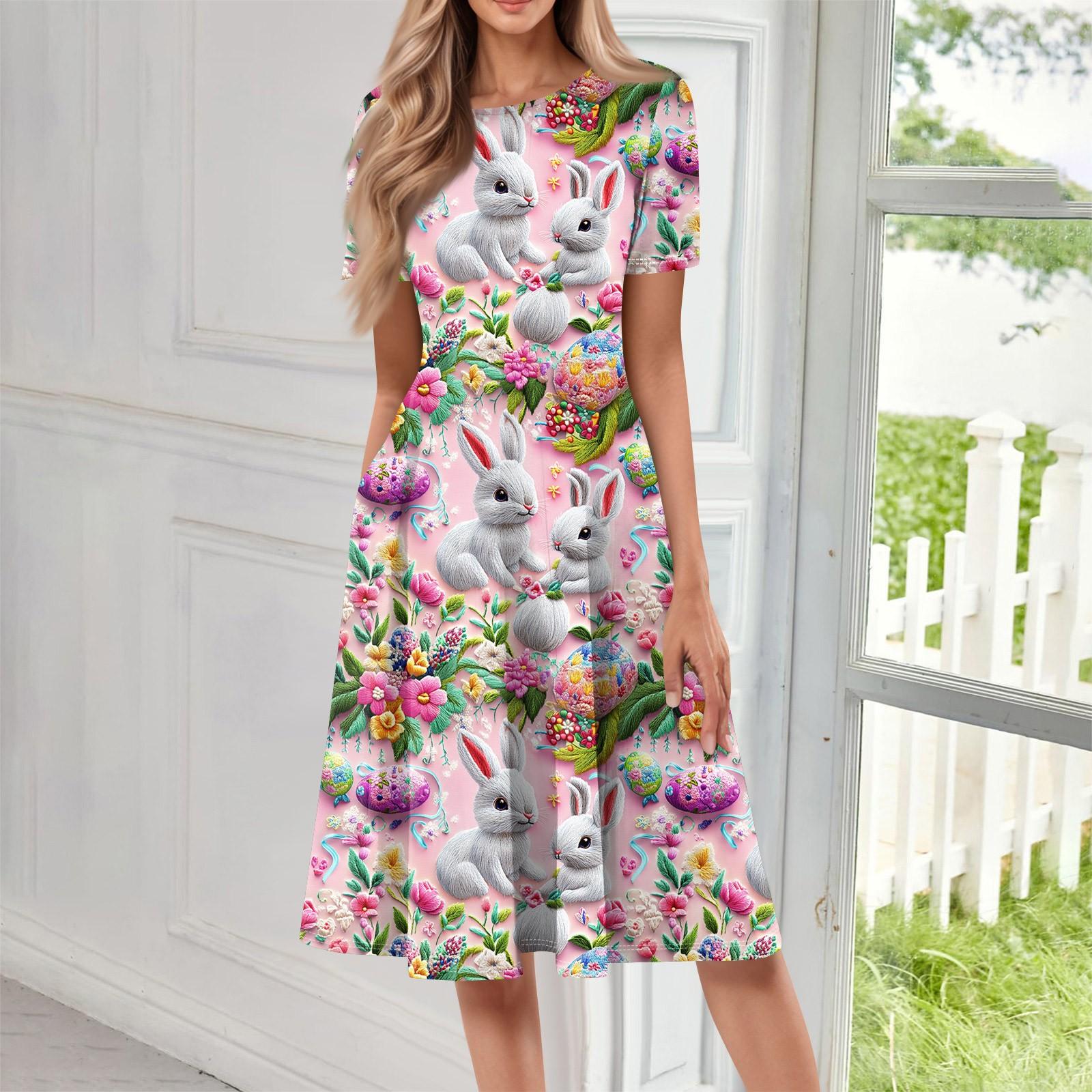 

Женское свободное повседневное и модное платье с круглым вырезом и короткими рукавами, средней длины с принтом L