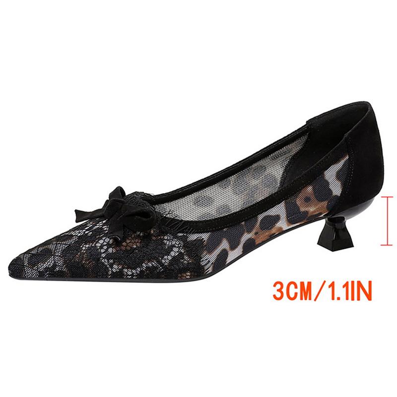 Sexy Lace Kitten High Heels Women Pumps Bowknot Low-heel Women Shoes Leopard Print Sexy Party Shoes Large Size 43 Ladies Shoes