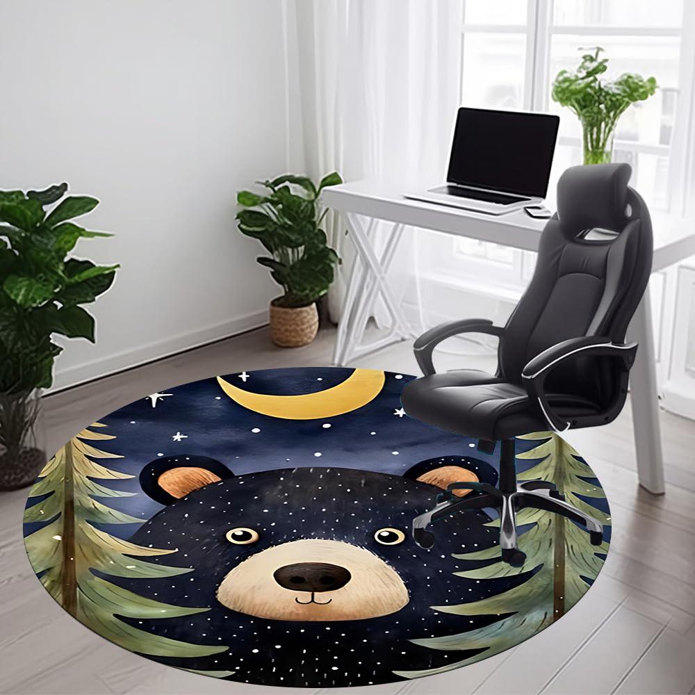 1pc Bear Night Office Round Area Rug, Indoor Mat Suitable ForOffice, Under Office Chairs Bedroom Living Room Home Decor, Room Deco T076
