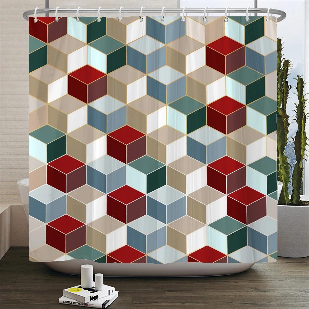 Black and White Geometric Pattern Shower Curtain Bathroom Waterproof Polyester Fabric Bath Screen Curtain Decor for Bathtub