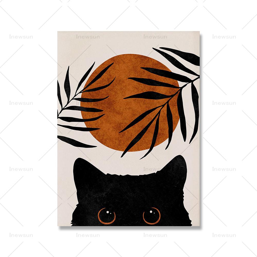 Abstract Boho Sun Bowls Black Cats Print Wall Art Nursery Decor Minimalist Neutral Cat Canvas Painting Modern Room Decor Poster
