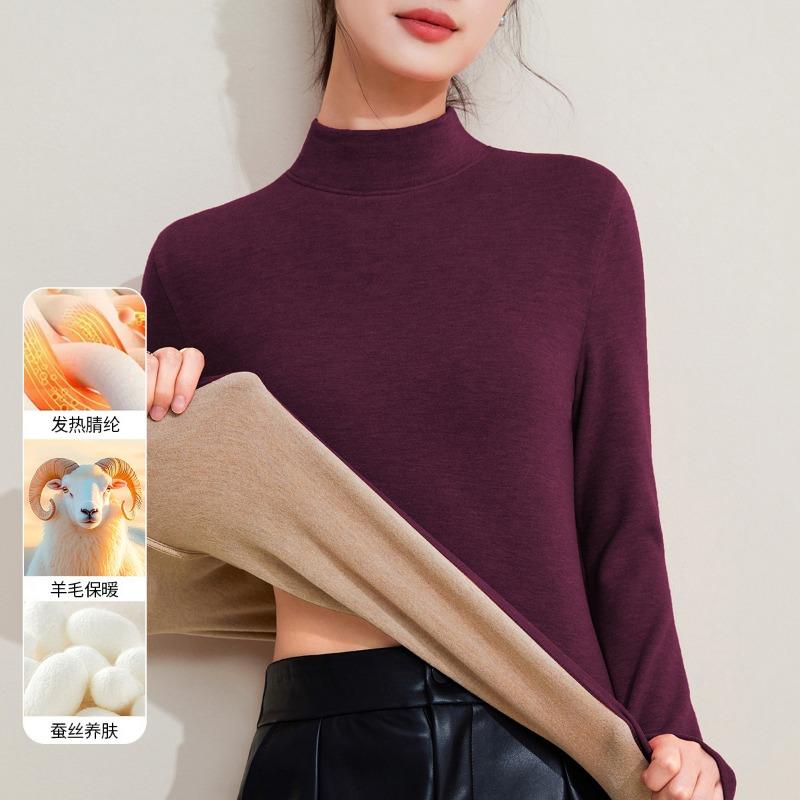 Autumn and Winter Mid-neck Wool Silk Thermal Underwear Women's Thickened Fleece Bottoming Shirt Warm Fleece Heating Autumn Clothes Top