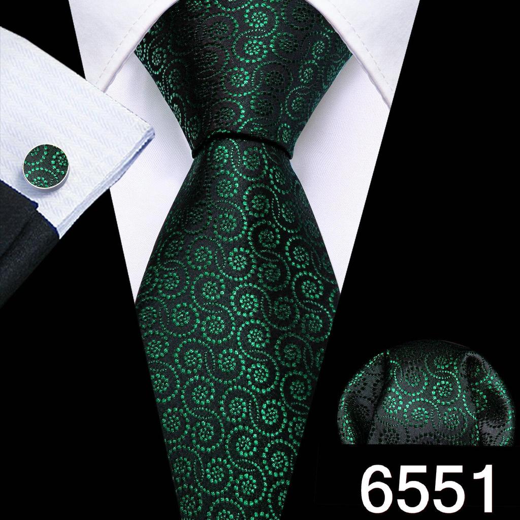 Barry.Wang Necktie Hankerchief Cufflinks Set Black Green Striped Jacquard Woven Wedding