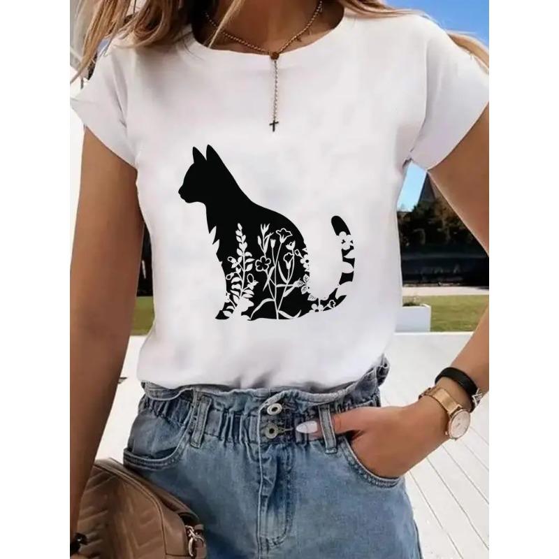 Short Sleeve Print Clothes Women Spring Summer Female Tee Fashion Cat Love Sweet Valentine Shirt Lady Graphic T-shirt
