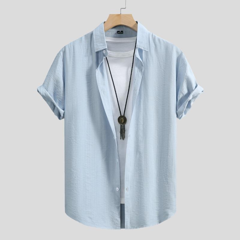 

Men Solid Color Turn Down Collar Short Sleeve Casual Loose Button Up Shirt S синий